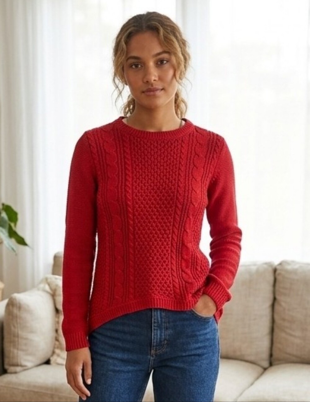 Zara Classic Cable Knit Crewneck Sweater Red Cottagecore Minimalist Cozy Fall M